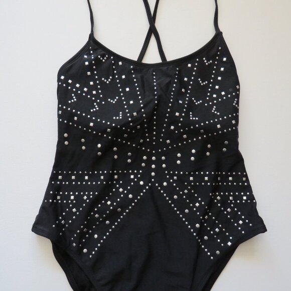 Xhilaration Black Silver Studs Women’s One Piece Sleeveless Swimsuit L - Picture 2 of 12